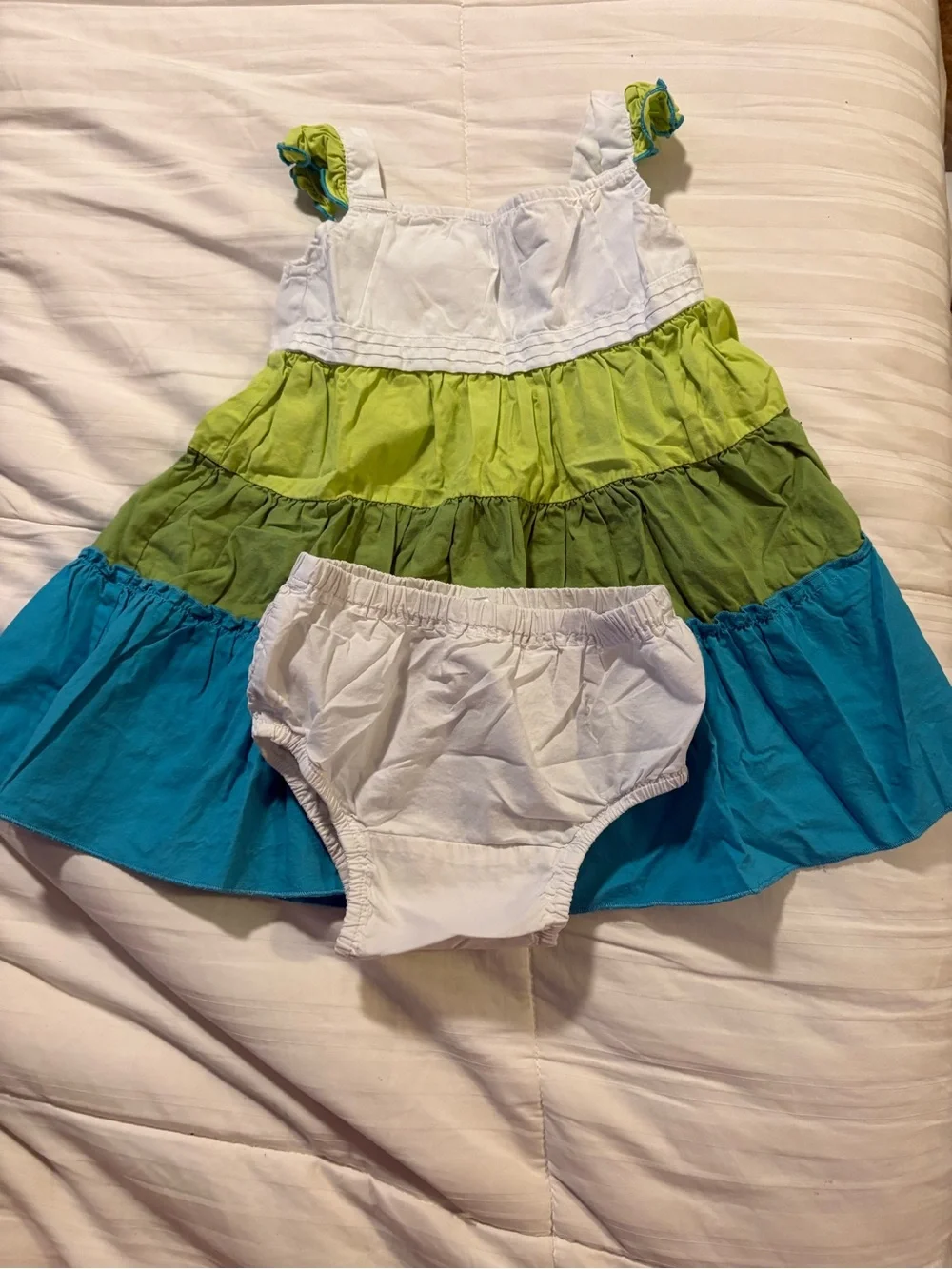 Faded Glory White, Lime & Teal Tiered Dress with Diaper Cover
